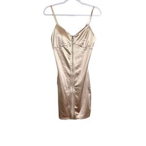 Haute Monde Gold Satin Mini Dress Women's Size M Gold Padded Full Zip Party‎ Y2K
